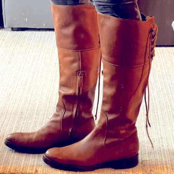 Cole Hahn Tall Boots Cole Haan Brown Leather Arlington tie back Riding Boots 8 - Picture 1 of 16